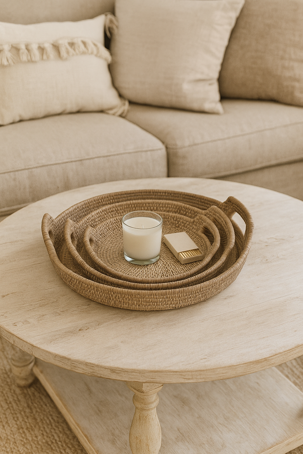White Wash Rattan Round Tray with Handles