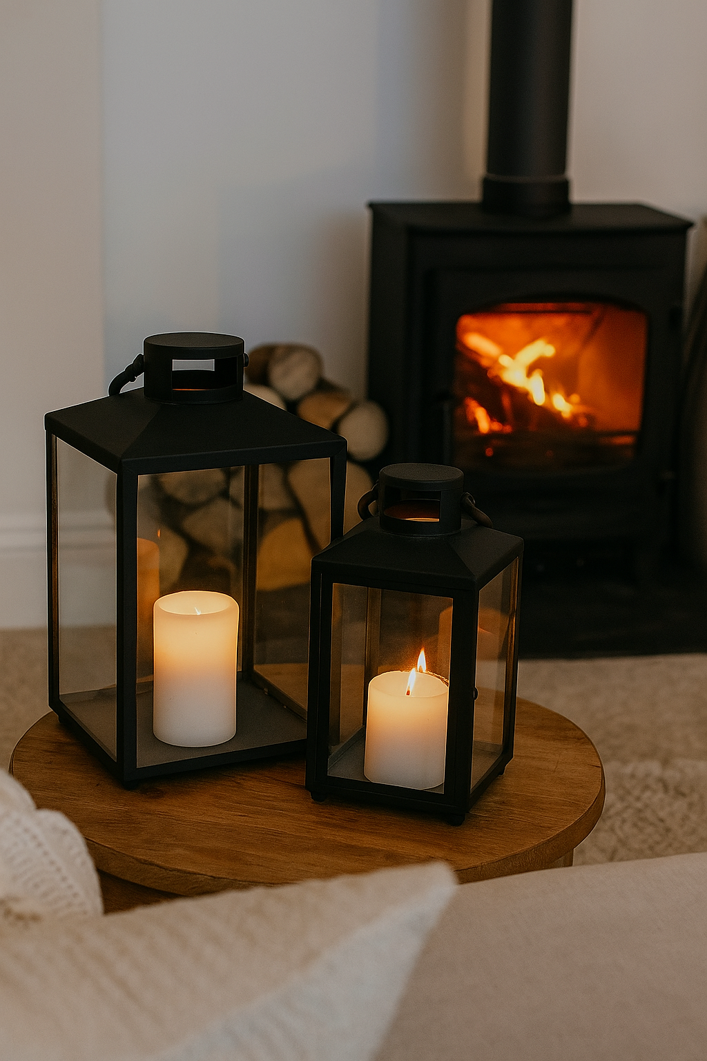 Set of 2 Metal & Glass Lantern Candle Holders - Black