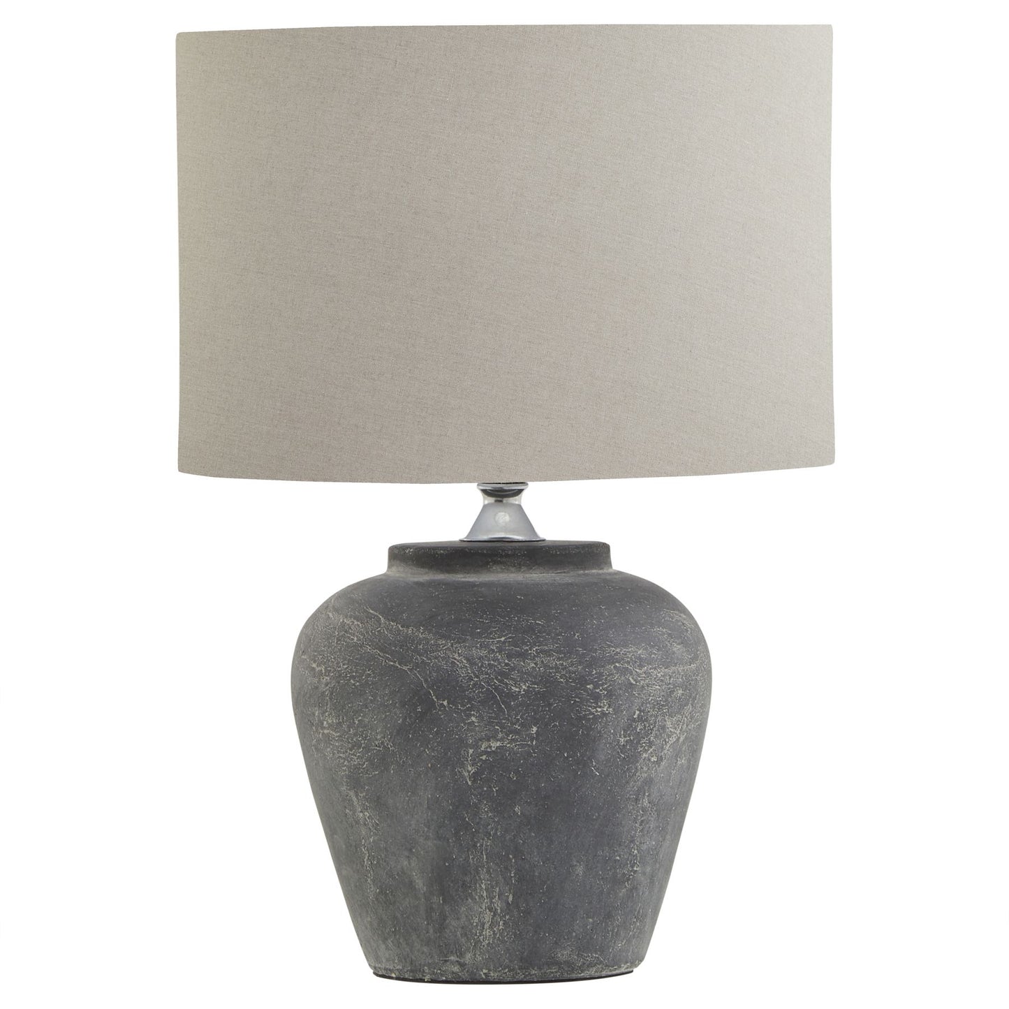close up view of rustic grey stone lamp and linen shade