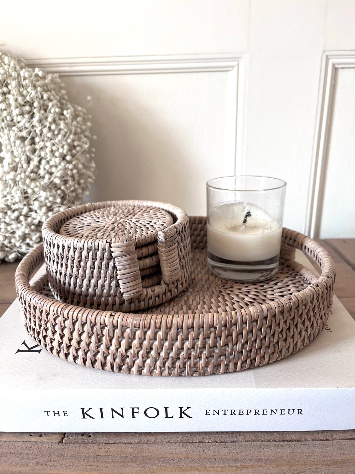 display of white wash rattan oval tray and coasters