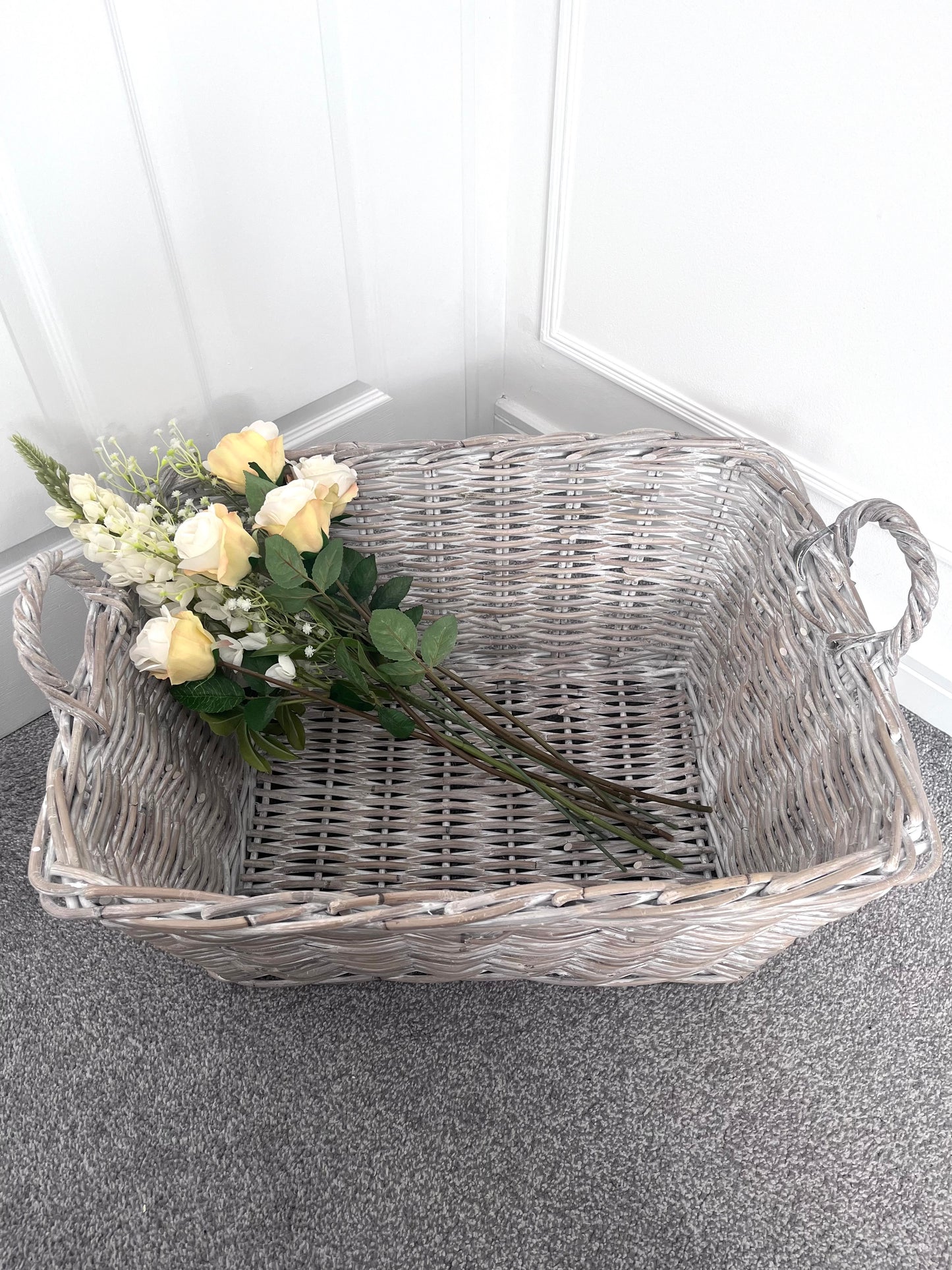 large white wash rattan laundry basket