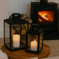 Set of 2 Metal & Glass Lantern Candle Holders - Black