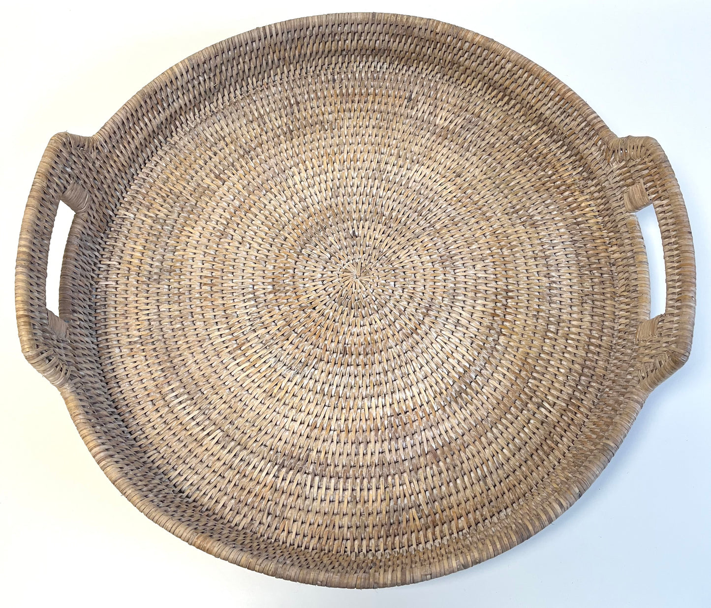 White Wash Rattan Round Tray with Handles