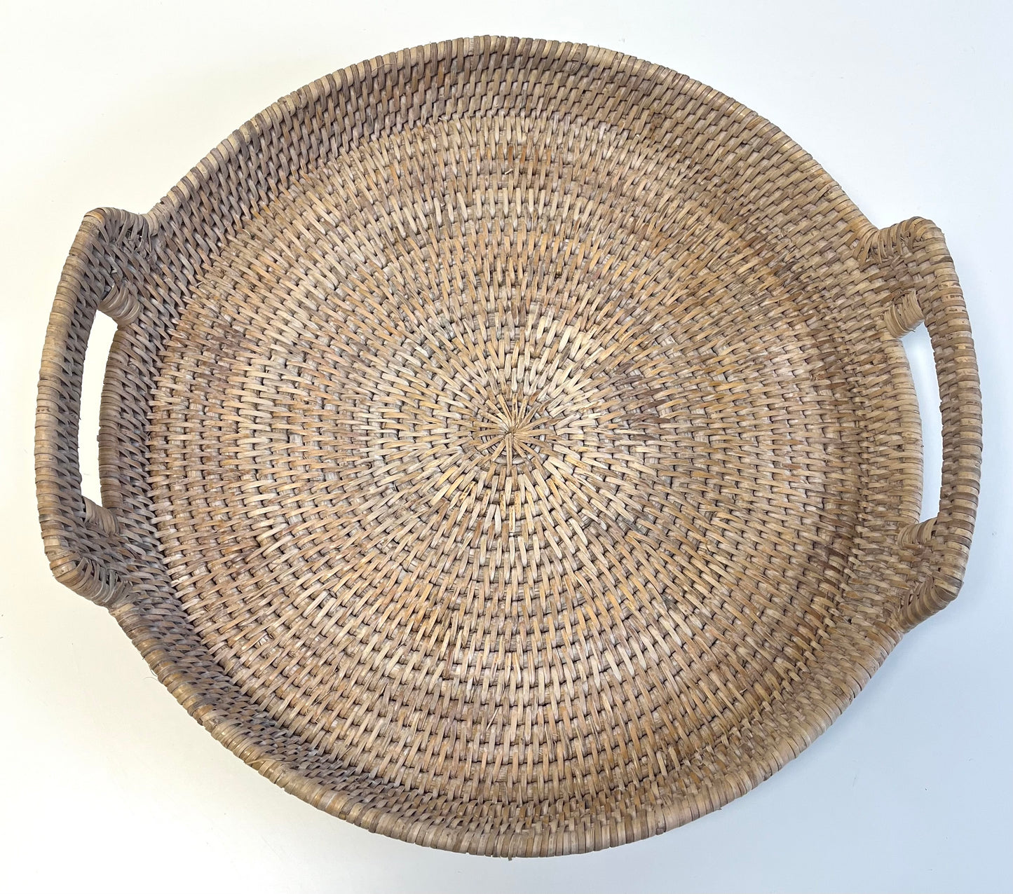 White Wash Rattan Round Tray with Handles