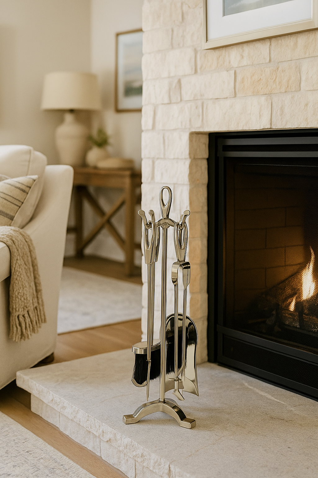 Silver fireplace tool set on a stone hearth with a lit fireplace in the background.