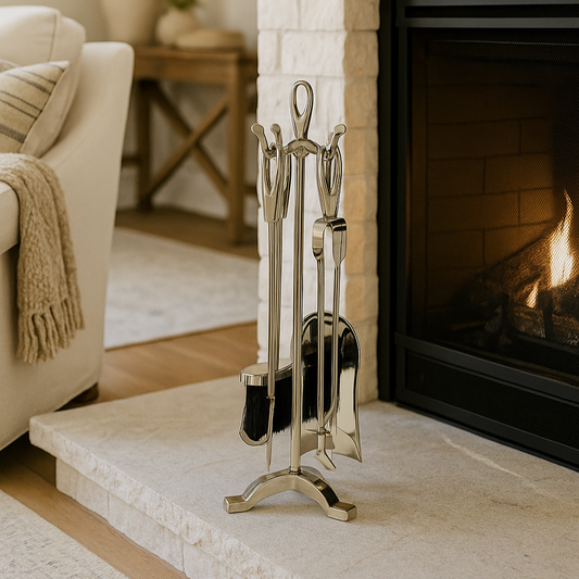 Set of silver fireplace tools on a stand in front of a lit fireplace.