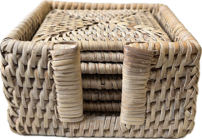 White Wash Rattan Coasters in Holder