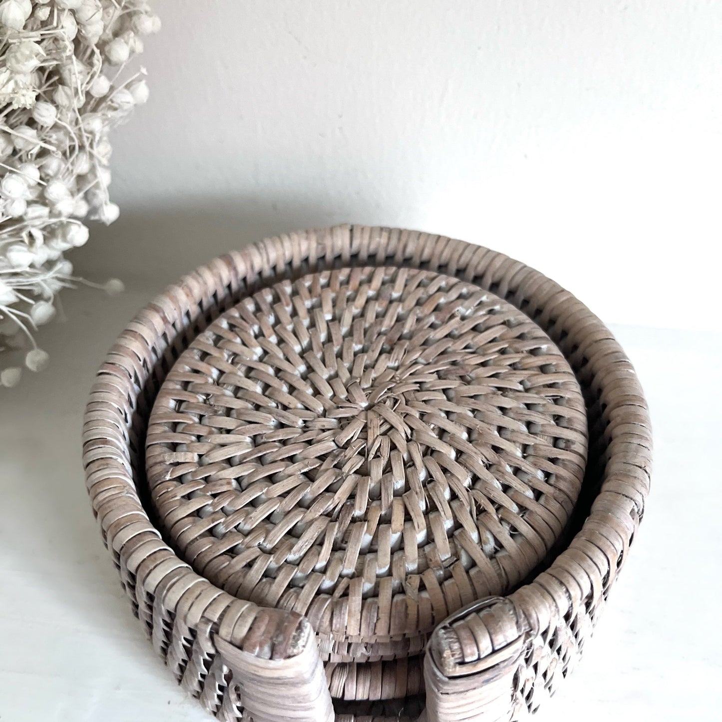 White Wash Rattan Coasters in Holder