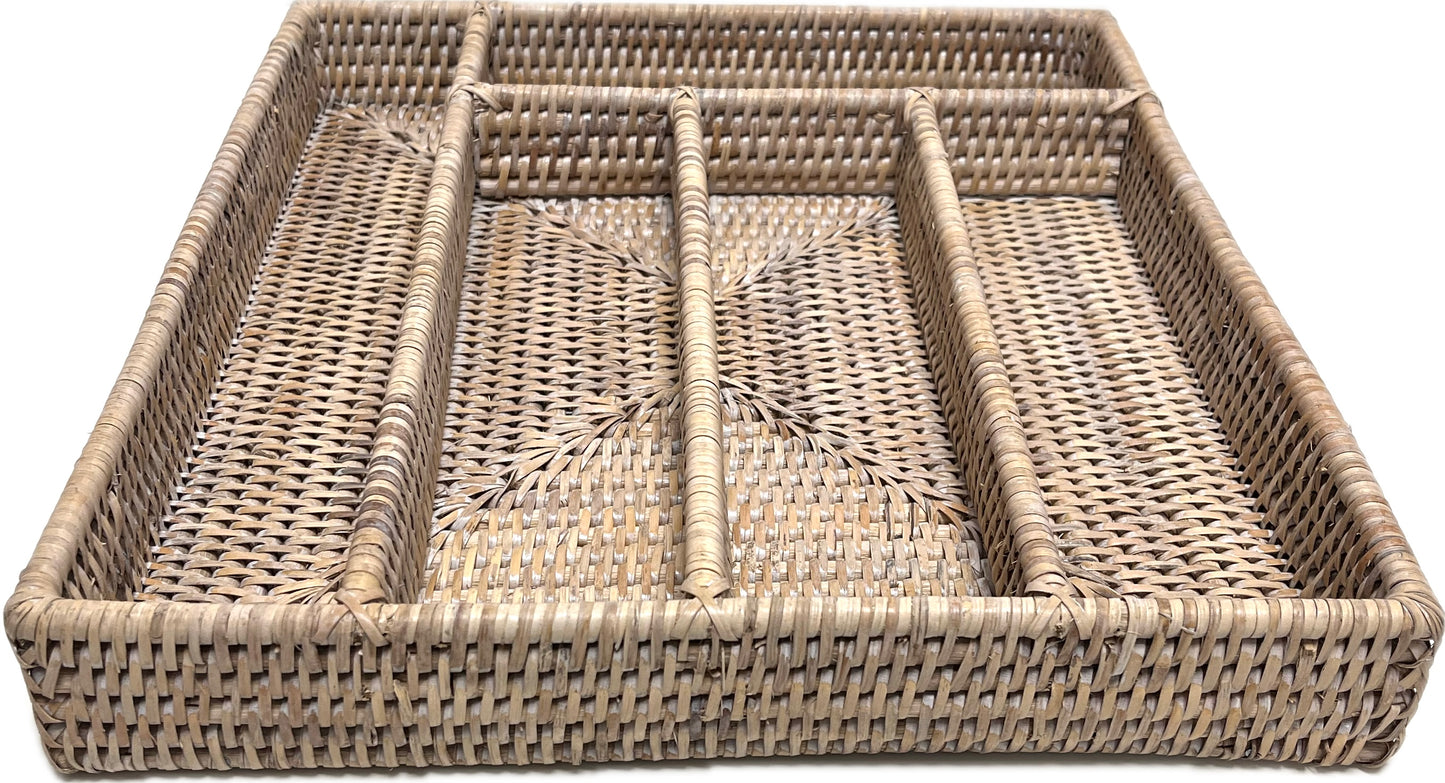 White Wash Rattan Cutlery Storage Tray