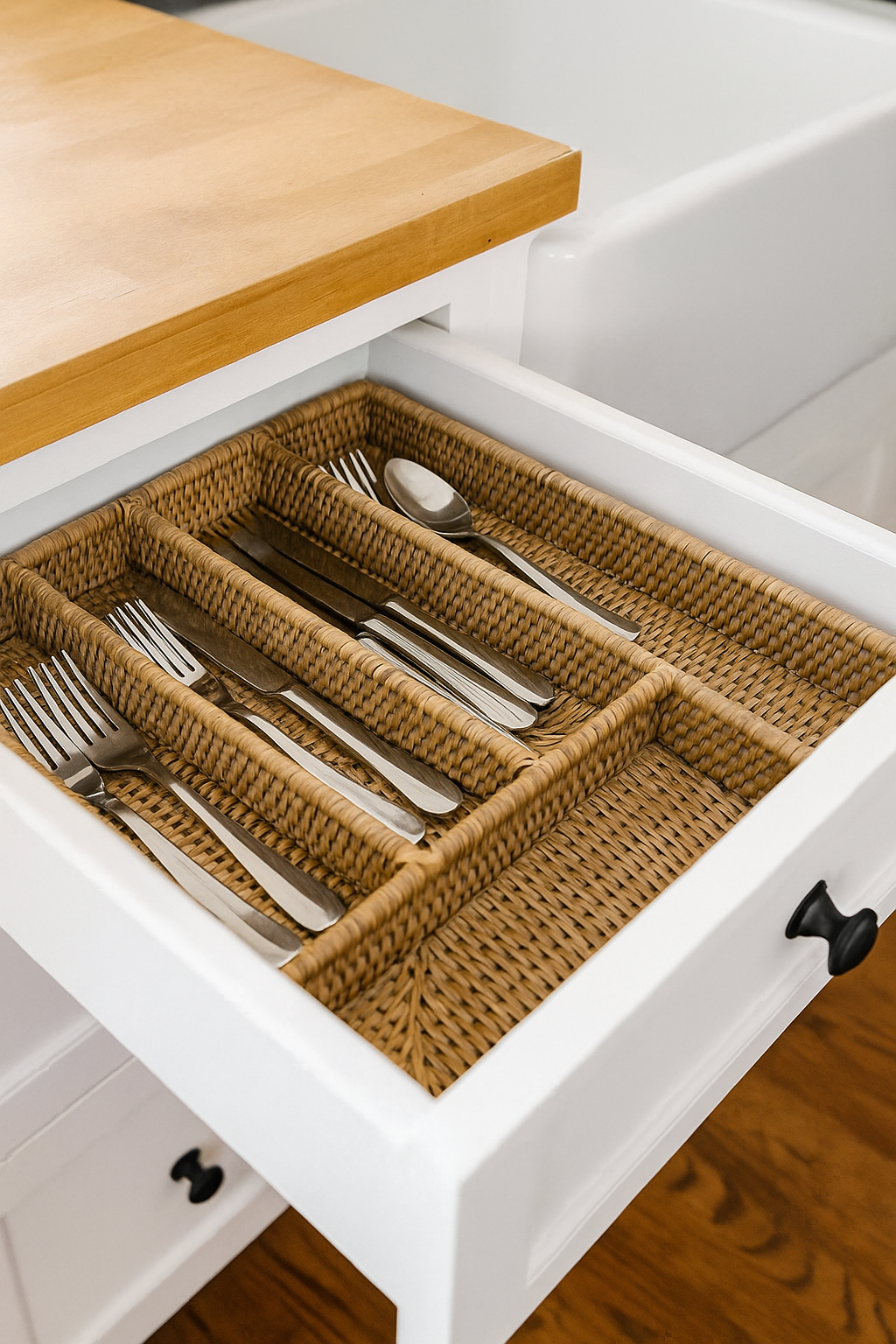 Open drawer with woven silverware organizer containing forks, knives, and spoons.