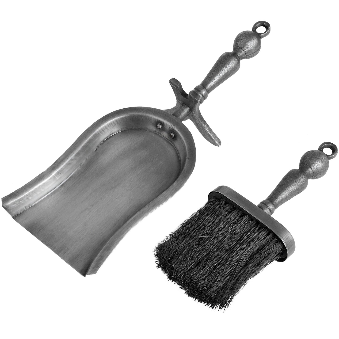 Brush and shovel for fireplace in brushed chrome