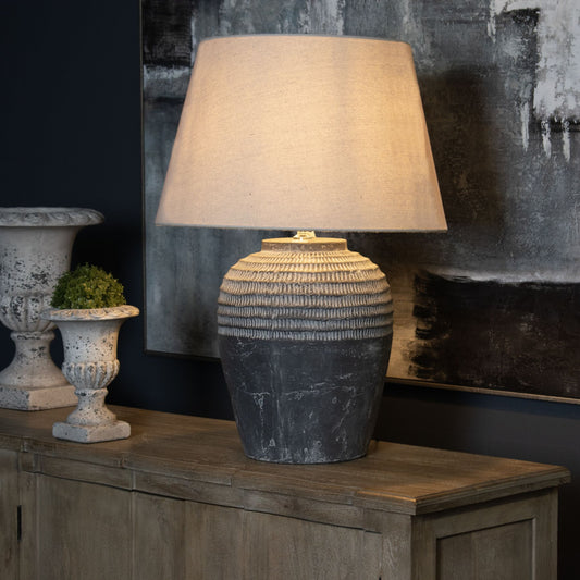 Large Grey Stone Carved Lamp with Shade