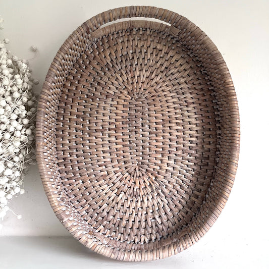 White Wash Oval Tray with Handles