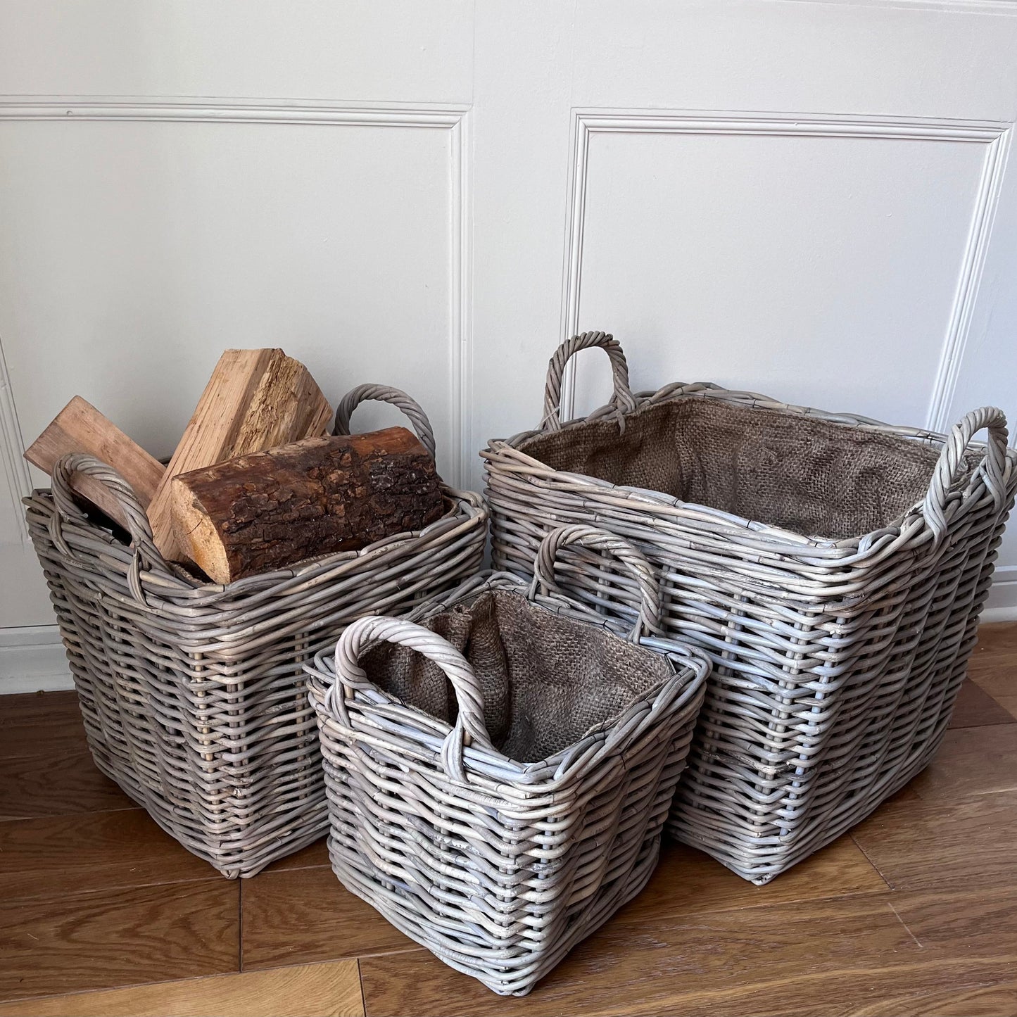 set of 3 square rattan baskets with handles