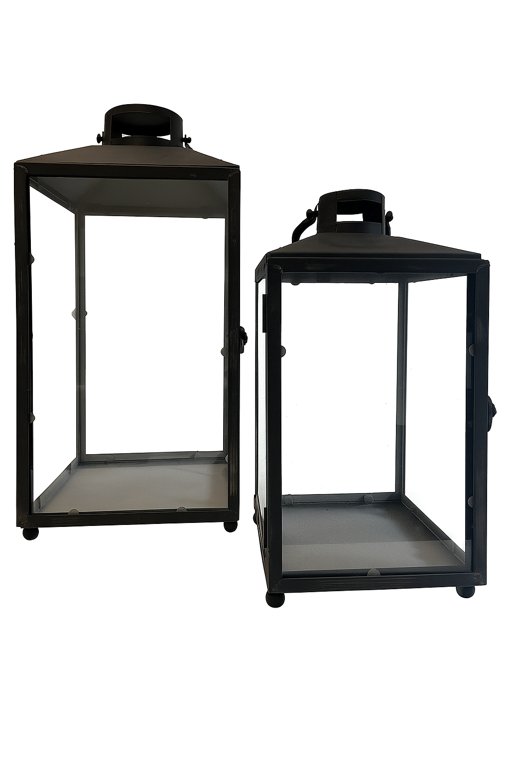 Set of 2 Metal & Glass Lantern Candle Holders - Black