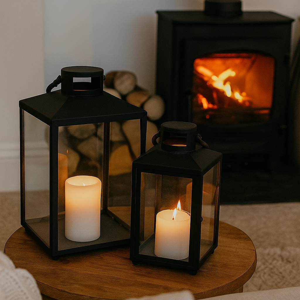 Set of 2 Metal & Glass Lantern Candle Holders - Black