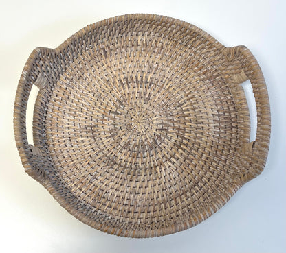 White Wash Rattan Round Tray with Handles