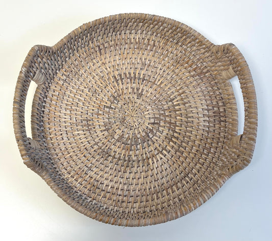 White Wash Rattan Round Tray with Handles