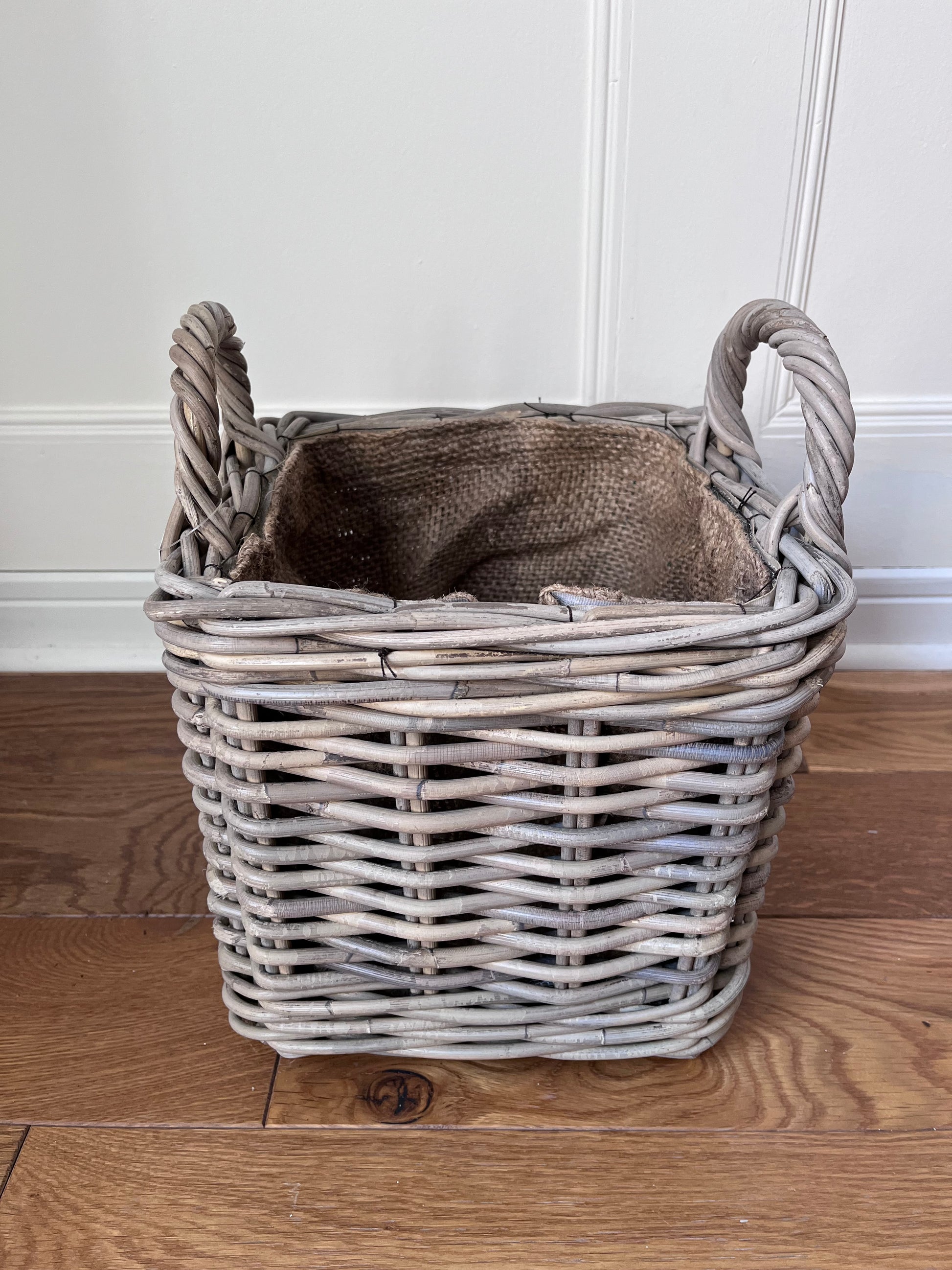 side view of square rattan basket