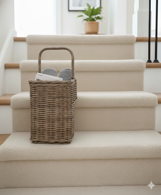 rattan grey stair basket with handle