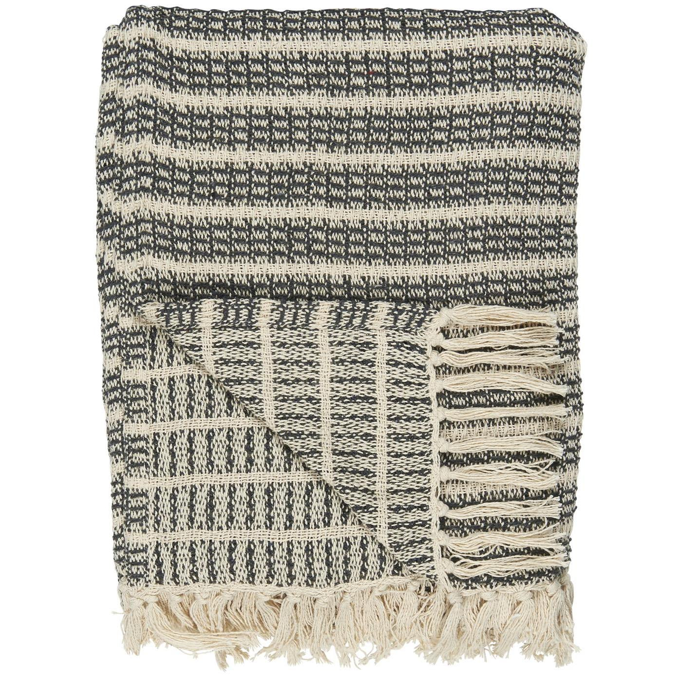 grey and cream striped throw with tassels