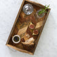 A beautiful wooden food platter tray that can be used as a wooden breakfast tray, for food platters or serving plate