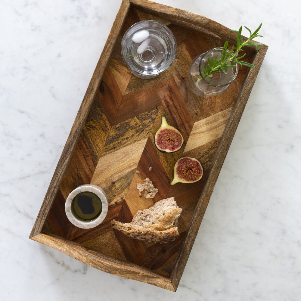 A beautiful wooden food platter tray that can be used as a wooden breakfast tray, for food platters or serving plate
